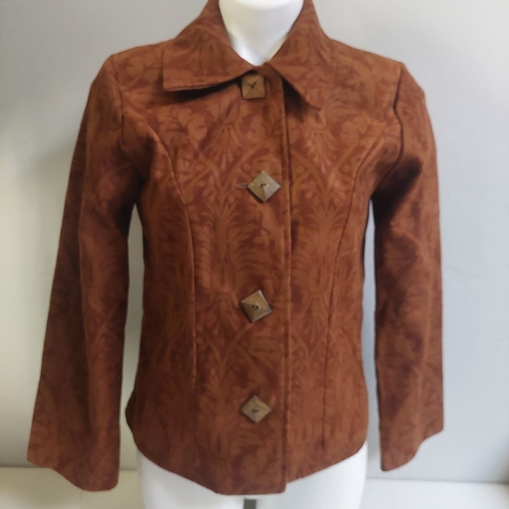 Painted Pony Brown Jacket Size S Vintage Wood Buttons Floral Leaf‎ Pattern Lined